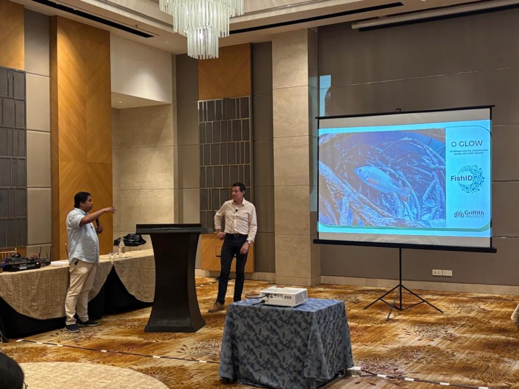 Prof Punyasloke Bhadury (Hub partner, GLOW) with Prof Rod Connolly (Director, GLOW) during Rod’s keynote speech "Blending community engagement and automated monitoring to report wildlife and biodiversity trends in mangrove restoration.”